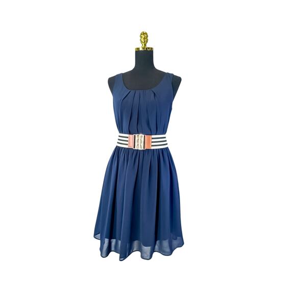 BCX Navy Blue Pleated Dress with Belt - Women's M - Picture 1 of 6